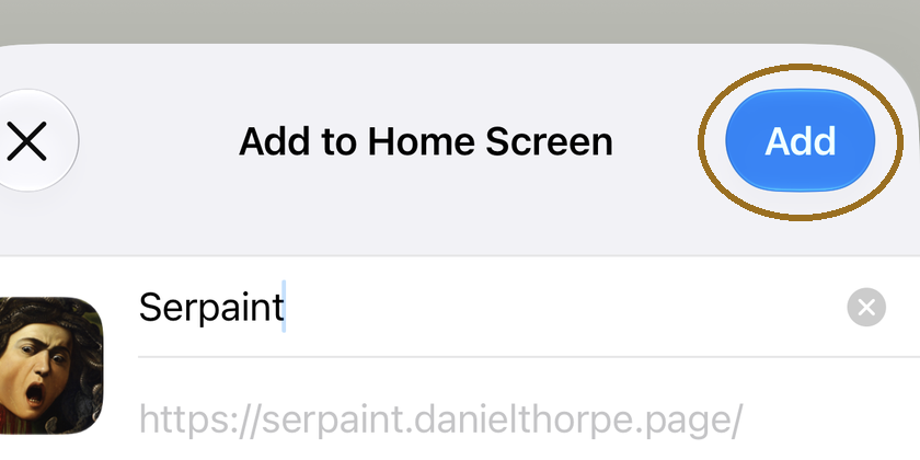 The Add to Home Screen sheet, with the Add button marked.