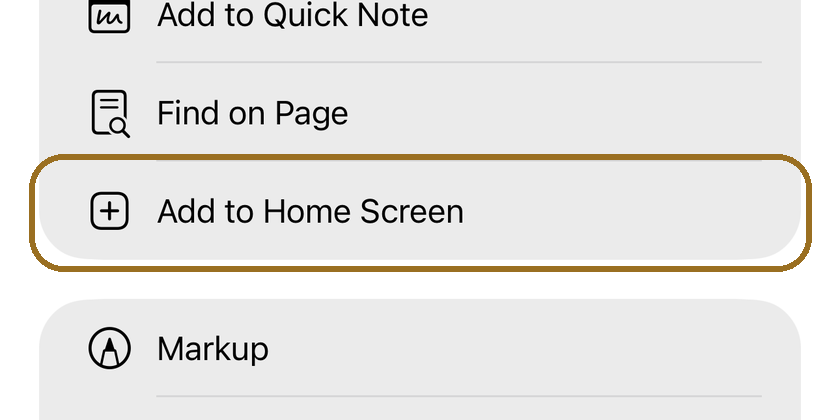 The share sheet's list, with the Add to Home Screen row marked.